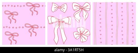 Set di motivi Coquette senza cuciture. Belle curve Girly, linee e puntini su sfondo rosa. Modello romantico e femminile alla moda per carte da sposa e per l'avvolgimento. Illustrazione vettoriale. Illustrazione Vettoriale