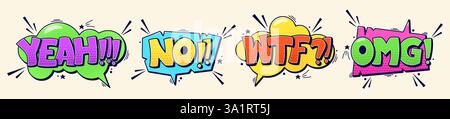 Gruppo di bolle di discorso sì no wtf mondi omg ed elementi mezzitoni. Illustrazioni a fumetti a colori. Illustrazione Vettoriale