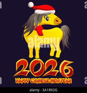 Felice anno nuovo cinese 2026. Biglietto d'auguri con cavallo dorato cinese. L'anno cinese del cavallo. Illustrazione Vettoriale