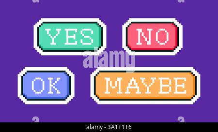 Set di pulsanti pixel art con le parole sì, no, ok, forse. Design pixelato. Illustrazione vettoriale Illustrazione Vettoriale