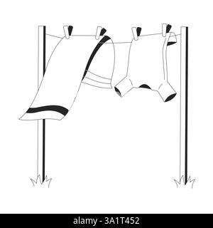 Abiti appena lavati appesi a un oggetto linea 2D clothesline Illustrazione Vettoriale