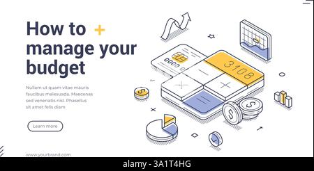 Gestione del budget con questo modello di banner Web isometrico. Offre strumenti visivi, come grafici e calcolatrici, che aiutano l'organizzazione finanziaria. V Illustrazione Vettoriale