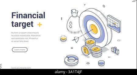 Il modello di banner Web isometrico illustra un concetto di target finanziario, con una tavola da disegno e simboli monetari. Ideale per i professionisti che desiderano Illustrazione Vettoriale