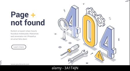 Un modello di banner Web informativo mostra un messaggio di errore 404 in stile isometrico. Presenta strumenti e simboli che indicano visivamente una pagina non fou Illustrazione Vettoriale