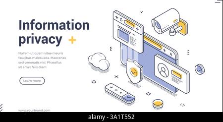 Il modello di banner Web presenta un'illustrazione isometrica incentrata sulla privacy delle informazioni. Include elementi come scudi, pagine Web, blocchi, empha Illustrazione Vettoriale