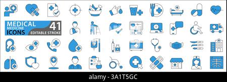 Icone mediche. Set di icone medicine. Contiene medico, medicina, ospedale e altro ancora. Raccolta di icone vettoriali di medicina medica. Illustrazione Vettoriale