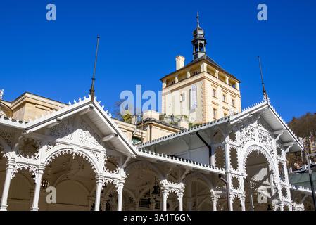 Il mercato colonnato in legno riccamente intagliato a Karlovy Vary, Carlsbad, vecchia città termale storica con sorgenti termali nella regione occidentale della Boemia, nella Repubblica Ceca Foto Stock
