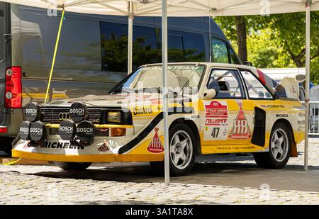 Barcelos, Portogallo - 01 giugno 2024: Audi quattro S1 E2, una leggendaria auto da rally del gruppo B, esposta al Rallyspirit 2024 Foto Stock