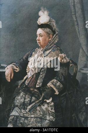 Sua Maestà la Regina nel vestito indossato al Jubilee Commemoration Service nell'Abbazia di Westminster, 1887. Regina Vittoria nel vestito che indossava al suo servizio del Giubileo d'oro, 1887. Victoria (1819-1901), il più lungo monarca britannico in carica, celebrò i giubilei d'oro (1887) e di diamante (1897), che segnarono 50 e 60 anni del suo regno. Dopo una fotografia di Gustav Mullins di Ryde. Da "The Graphic", 24 settembre 1887. (Stampa a colori in bianco e nero). Foto Stock