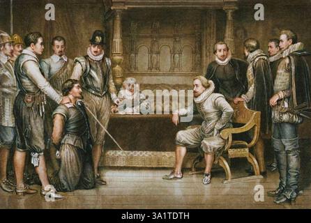 "The Gunpowder Plot", 1886. Guy Fawkes interrogato da Giacomo i e dal suo Consiglio nella camera Rossa del Re, Whitehall. Fawkes (1570-1606) è stato un cospiratore inglese che ha tentato di far esplodere le camere del Parlamento il 5 novembre 1605 durante l'apertura di Stato del Parlamento da parte di Giacomo I. il complotto è stato sventato dopo una soffiata e Fawkes è stato arrestato dalle guardie dopo una perquisizione nelle cantine. Guy Fawkes e gli altri cospiratori furono giustiziati per tradimento nel 1606. Dopo J.M.L.Ralston. Da "Illustration of English and Scottish History, volume i" di Thomas Archer. [Blackie &amp; Son, London, GL Foto Stock