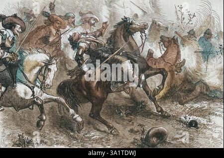 "Morte di Falkland, a Newbury", 20 settembre 1643, (c1880). Lucius Cary, II visconte Falkland (1610-1643) è stato uno scrittore e politico inglese che sedette alla camera dei comuni dal 1640 al 1642. Combatté dalla parte dei realisti sotto il comando personale di re Carlo i, nella guerra civile inglese e fu ucciso in azione il 20 settembre 1643 nella prima battaglia di Newbury. Da "British Battles on Land and Sea, Vol. Io", di James Grant. [Cassell Petter &amp; Galpin, Londra, Paris &amp; New York, c1880]. (Stampa a colori in bianco e nero). Foto Stock
