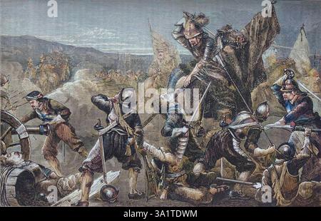 "La battaglia di Naseby", 14 giugno 1645, (c1880). La battaglia di Naseby fu uno scontro decisivo della guerra civile inglese, combattuta il 14 giugno 1645 tra il principale esercito realista di re Carlo i e il nuovo modello di esercito parlamentare, comandato da Sir Thomas Fairfax e Oliver Cromwell. Da "British Battles on Land and Sea, Vol. Io", di James Grant. [Cassell Petter &amp; Galpin, Londra, Paris &amp; New York, c1880]. (Stampa a colori in bianco e nero). Foto Stock