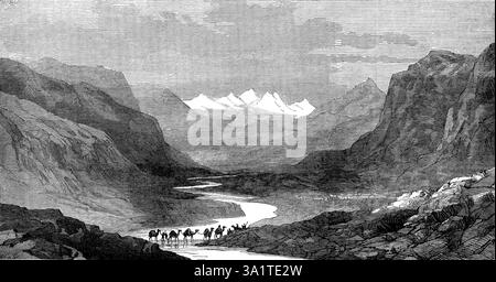 Il passo Karakoram, da Cashmere a Yarkand, 1873. "La strada da Leh, nell'Himalaya occidentale, la capitale del Ladak o Thibet medio, e dall'alta valle dell'Indo, passa verso nord per entrare nel principato Tartar o Turkoman di Yarkand, che fino a poco tempo fa era una provincia dell'impero cinese. Questa strada attraversa la catena montuosa di Mustagh o Koenlun... vicino al passo Karakoram. Vi presentiamo una vista di...questo posto straordinario nella regione medio-alta dell'Asia centrale. La sua elevazione non è inferiore a 18.200 ft. sopra il livello del mare. L'aspetto, in ogni direzione, è severo e proibito. Il Foto Stock