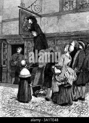 "Restoring the Sign" di T. Green, 1873. "C'è un tocco di umorismo satirico nel disegno del signor Townley Green di una scena di strada in qualche vecchia città di campagna inglese o villaggio nel...secolo scorso. Un riferimento alla storia dei partiti politici durante il periodo in cui gli intrighi giacobiti erano diffusi in combinazione con le rivalità senza scrupoli delle fazioni Whig e Tory, sotto i regni della regina Anna e dei primi due Georges, potrebbe forse fornire una scelta di più di una concomitanza di circostanze, dando un particolare significato al restauro di questo ritratto ducale su t Foto Stock