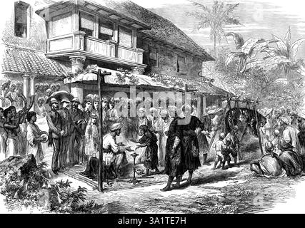 Un matrimonio di tigre a Coorg, India, 1873. Incisione di uno schizzo del capitano Belford Cummins, del corpo dello staff di Mercara. Una curiosa cerimonia si svolge quando una tigre è stata uccisa da un uomo Coorg. Le tigri non sono numerose nel paese, e questa cerimonia è avvenuta solo due volte negli ultimi quattro anni. Nell'ultima occasione, il cacciatore di successo fu Colovanda Carriapah, capo Sheristadar del Mercara Talook. In questa cerimonia l'uomo è sposato con l'anima della tigre morta... è seduto sotto un baldacchino in costume da guerriero. Su ogni lato sono posizionate le sue armi e l'emblema della casa Foto Stock