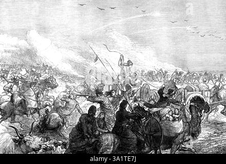 Spedizione Khiva: Truppe russe che attaccano una carovana di Turkomani, 1873. La matita del signor N. Karasin, lo stesso artista russo che ci ha fornito un'illustrazione del massacro degli schiavi persiani liberati da un'orda di turkomani mentre tornavano a casa dopo la cattura di Khiva, fornisce una delle nostre incisioni sul giornale di questa settimana. Rappresenta un'azione nei più recenti movimenti dell'esercito russo contro i turkomani Tomood, che si erano rifiutati di pagare la loro parte dell'indennità stipulata con il Khan di Khiva. La brigata dei cosacchi, sotto il comando del colonnello Bloc Foto Stock