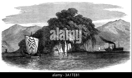 Schizzi in Giappone: Il Pappenberg, o Isola di Takaboko, 1873. "Il nostro artista speciale ultimamente in Cina e in Giappone contribuisce ad una visione del Pappenberg, o isola di Takaboko, vicino a Nagasaki. Egli osserva che nell'anno 1622 questa roccia è stata teatro di una terribile tragedia. I giapponesi iniziarono una spaventosa persecuzione dei cristiani a Decima e Nagasaki e nei suoi dintorni, e portarono alcune migliaia di loro su una delle scogliere perpendicolari del Pappenberg - uomini, donne e bambini. Una croce fu posta a terra, e ogni persona poteva scegliere se calpestarla o essere scagliata Foto Stock
