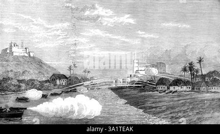 Guerra di garanzia: Bombardamento della città di Elmina, 1873. Gli inglesi nell'Africa occidentale. '...generale view...from il mare fuori dalla foce della Beyah... alle paludi di mangrovie in cui i fuggitivi fuggirono, con le barche nel fiume... che lanciavano in abbondanza colpi, conchiglie e razzi. I tre vascelli ancorati all'esterno, dietro e a sinistra, sono la cannoniera Decoy, l'Argus e il Druido. Il castello di San Giorgio d'Elmina, un'antica fortezza olandese recentemente ceduta alla Gran Bretagna, è visto con l'Union Jack [che vola]...alcune capanne e canoe dei pescatori si trovano sulla spiaggia...in primo piano, o Foto Stock