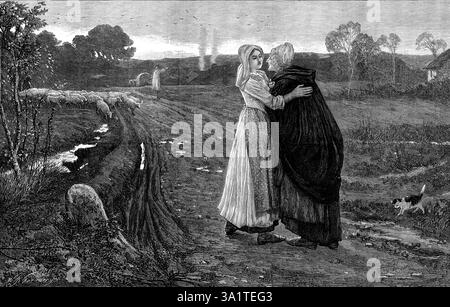 "Addio, Dio ti benedica!" Dalla foto di P. R. Morris, nella tarda mostra della Royal Academy, 1873. Incisione di un dipinto. "Il fumo dai cottage sale dritto verso l'alto nell'aria ferma, raccontando il tranquillo fuoco del resto delle famiglie povere dopo il lavoro della giornata... le pecore... vengono guidate dal pastore fino alla loro piega... ogni parte del quadro, anche ai solchi profondamente arati della strada, alla vecchia pietra miliare indossata dalle intemperie, e il gattino che si allontana dalla loro giovane amante, non sarà senza qualche significato simbolico per una mente simpatica Foto Stock