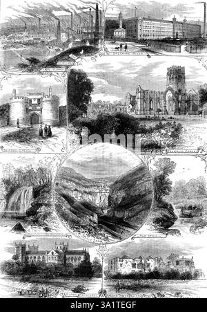 Luoghi vicino a Bradford visitati dalla British Association, 1873. "La Bowling Iron Works si trova vicino alla città...Saltaire, un villaggio o una città costruito in connessione con una grande fabbrica, fondata da Sir Titus Salt...Skipton...ha i resti di un vecchio castello feudale...costruito durante il regno di Enrico VIII..la cattedrale di Ripon...è stata parzialmente ricostruita tra il 1454 e il 1604; un restauro è stato effettuato da Sir Gilbert Scott dieci anni fa. È un bell'esempio di architettura ecclesiastica inglese. Le bellissime rovine dell'Abbazia di Fountains... sono a tre chilometri circa da [Ripon]. L'abbazia fu fondata nel 1334...it BE Foto Stock