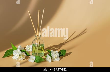 Una bottiglia di olio aromatico in vetro con bastoncini di bambù e fiori di gelsomino su una superficie beige. Copia spazio. Foto Stock