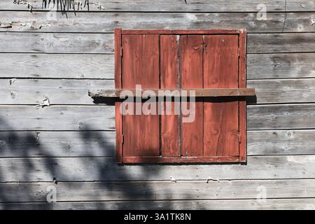 Una finestra di legno intemprata con tapparella rossa su un muro di legno di casa fatiscente Foto Stock