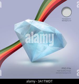 Un lucente diamante blu su sfondo trasparente con strisce colorate Illustrazione Vettoriale