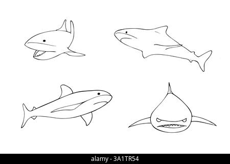 Set di squalo disegnato a mano in diverse posizioni. Illustrazione del profilo in stile doodle. Illustrazione Vettoriale