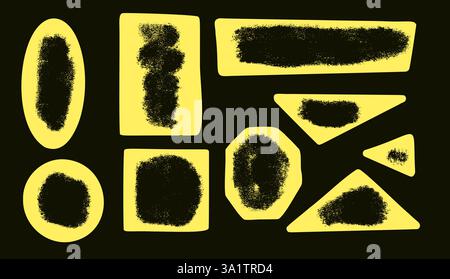 I bambini spruzzano forme geometriche dipinte con un set di spazi vuoti. Caselle di testo cornici testurizzate a vernice spray. Figure quadrate e arrotondate. Preventivo vettoriale disegnato a mano Illustrazione Vettoriale