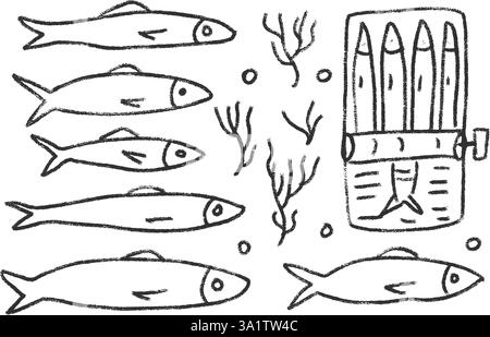 Set di doodle con linea di sardine. Pesce in scatola disegnato a mano. pesci in scatola. Aprire la latta di sardina. Vettoriale conserva mangiare illustrazione a matita isolata su un bianco Illustrazione Vettoriale