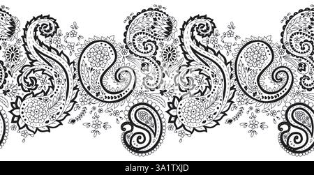 Bordo senza cuciture con motivo floreale paisley bianco e nero. Intricato sfondo vintage orientale Illustrazione Vettoriale