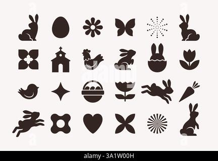 Semplici icone monocromatiche per un design pasquale minimalista: Coniglietti, uova, fiori e forme geometriche. Elementi grafici moderni isolati su sfondo bianco. Illustrazione Vettoriale