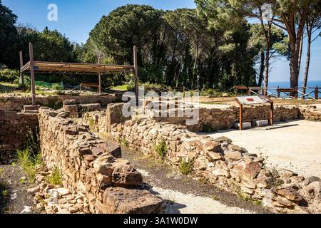 Resti di una villa etrusca nell'Acropoli di Populonia, Parco Archeologico di Baratti e Populonia, provincia di Livorno, Toscana, Italia Foto Stock
