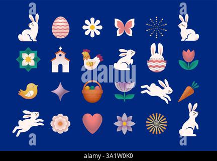 Set di moderni simboli ed elementi di design pasquali: Coniglietti, uova, fiori, forme geometriche. Grafica minimalista con morbidi colori pasquali. Vettori EPS10. Illustrazione Vettoriale