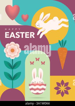 Modello minimalista per cartolina o poster di Pasqua. Simboli tradizionali nella moderna composizione geometrica. Bauhaus e stile svizzero. Colori pastello tenui, forme lisce. Arte vettoriale. Illustrazione Vettoriale