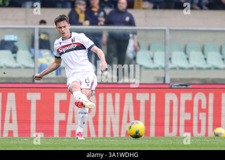 Nikola Moro del Bologna FC visto in azione durante la partita di calcio di serie A italiana tra Verona e Bologna allo Stadio Marcantonio Bentegodi. Punteggio finale: Hellas Verona FC 1 : 2 Bologna FC. Foto Stock