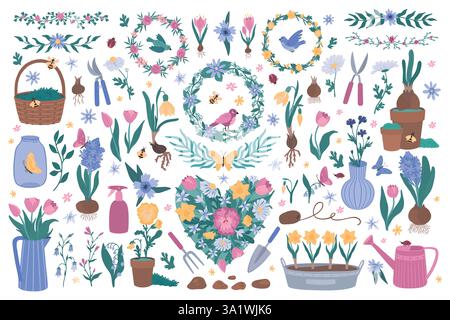 Set di fiori carini. Bordo a balestra disegnato a mano, telaio a balestra per scarabocchi. Decorazione con bouquet floreale, design di benvenuto. Attrezzi da giardinaggio. Collezione di adesivi Illustrazione Vettoriale