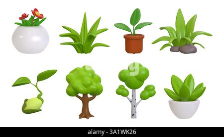 Albero 3d, giardino naturale di erba sorgiva da parco, fattoria o piante interne. Verde foglia, germoglio e semi estivi, piccolo succulento in pentole, betulla lucida Illustrazione Vettoriale