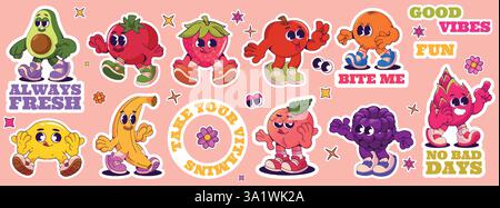 Personaggi di frutta. Adesivi di verdure retro cartoon. Divertente avocado comico e fragole. Buon cibo vintage elementi gustosi. Etichette della spesa. Camminando ba Illustrazione Vettoriale