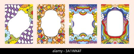 Telaio ondulato. Bel bordo retrò. Arcobaleno scanalato. Divertente forma a onda nei colori dei bambini. Capesante y2k linea femminile. Fiore psichedelico. gri surreale a scacchi Illustrazione Vettoriale