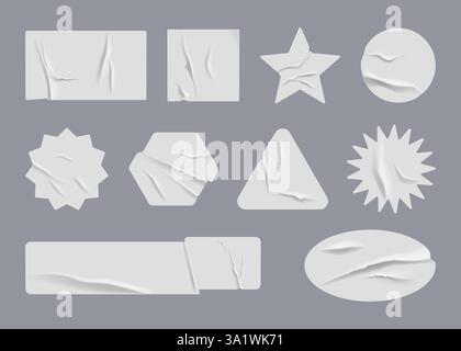 Adesivi di carta. Modello di etichetta rotondo. Stampa bianca per il prezzo dell'adesivo 3D. Patch a strappo circolare. Superficie stropicciata. Forme geometriche. Piega Illustrazione Vettoriale