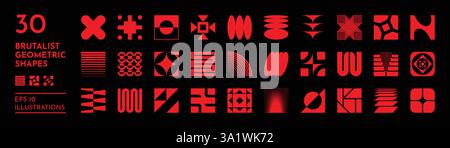 Forme brutali. Elementi astratti del logo. Simboli grafici quadrati o adesivi con silhouette Y2K. Figure piatte geometriche rosse. Geometria retrò brutalista. Base Illustrazione Vettoriale