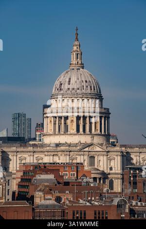 City of London Panorama marzo 2025 L-R Buildings a marzo 2025: City of London School (Brown Building a Riverside), St Paul's Cathedral, Shakespe Foto Stock