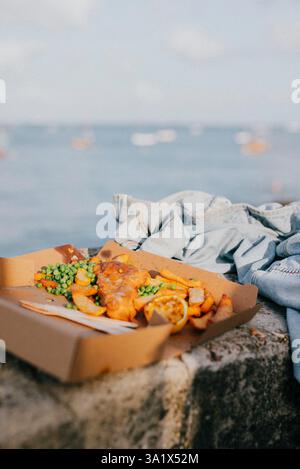 Una scatola di cibo è seduta su una sporgenza vicino all'acqua. Il cibo sembra essere pesce e verdure, e ci sono diverse arance e limoni sul tavolo. Foto Stock