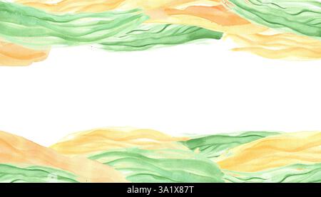Colore acquerello arancione ondulato, linee verdi cornice rettangolare con spazio vuoto per il testo. Illustrazione con strisce dinamiche orizzontali astratte dipinte a mano, isolate Foto Stock