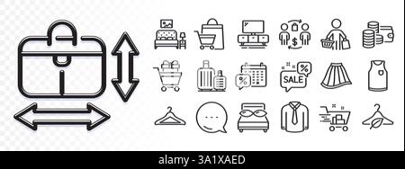 Icone di bagaglio, supporto TV e linea di acquisto per l'applicazione Web. Riflesso di luce. Icona messaggio. Confezione di carrello della spesa, cuscini, pittogramma del portafoglio Illustrazione Vettoriale