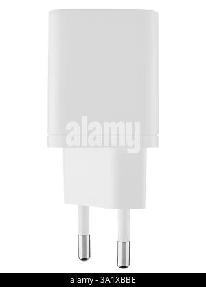 Adattatore di alimentazione bianco con colore bianco su sfondo bianco. Ricarica rapida per smartphone, tablet e altri dispositivi. Foto Stock