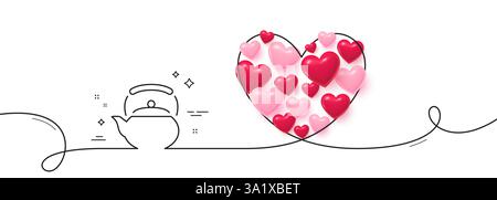 Icona della linea teiera. Cartello bevanda calda. Linea continua grande cuore. Vettore Illustrazione Vettoriale
