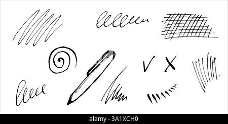 Scrittura penna a sfera. Scarabocchi e scrittura sciocca dipinta con inchiostro nero. Illustrazione vettoriale disegnata a mano su sfondo bianco. Mano monocromatica Illustrazione Vettoriale