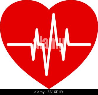 Icona del battito cardiaco. Battito cardiaco. ecg con linea di frequenza rossa isolato su sfondo bianco. ecg medico Cuore cardiovascolare. Vita sana. Monitorare l'elettrocar Illustrazione Vettoriale